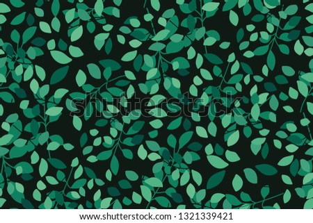 Botanical seamless pattern with green leaves on a dark (black) background. Foliage. Hand drawn tree branch. Beautifu template for fashion prints, Wallpapers, design fabrics, banners, covers... Vector