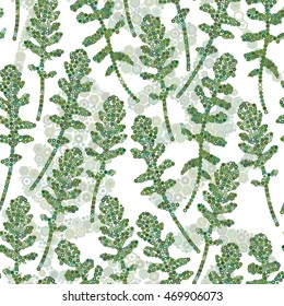 Botanical seamless pattern with green mosaic leaves on white background. Unique creative geometric vector illustration made of polygons.