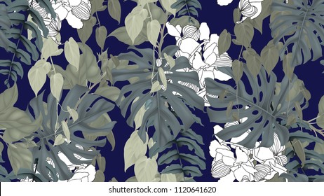 Botanical seamless pattern, green split-leaf Philodendron plant, Epipremnum aureum, fern and orchid on dark blue background