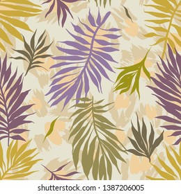 Botanical seamless pattern. Hand drawn fantasy exotic sprigs with leopard skin background. Floral illustration made of herbal foliage leaves . Good for textile, fabric, fashion.