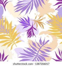 Botanical seamless pattern. Hand drawn fantasy exotic sprigs with abstract blots background. Floral illustration made of herbal foliage leaves . Good for textile, fabric, fashion.