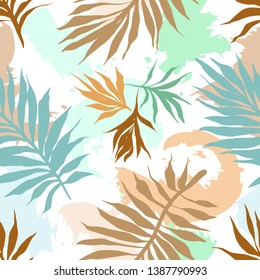 Botanical seamless pattern. Hand drawn fantasy exotic sprigs with abstract blots background. Floral illustration made of herbal foliage leaves . Good for textile, fabric, fashion.