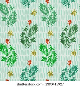 Botanical seamless pattern. Hand drawn fantasy exotic sprigs with weaving texture. Floral illustration made of herbal foliage leaves with short lines background. Good for textile, fabric, fashion.