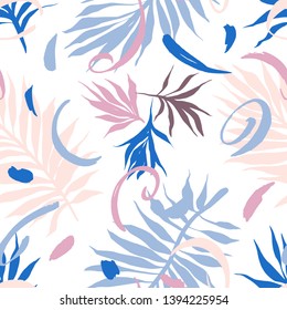 Botanical seamless pattern. Hand drawn fantasy exotic sprigs with abstract geometric elements. Floral background made of herbal foliage leaves . Good for textile, fabric, fashion.