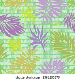 Botanical seamless pattern. Hand drawn fantasy exotic sprigs with striped texture. Floral illustration made of herbal foliage leaves with short lines background. Good for textile, fabric, fashion.