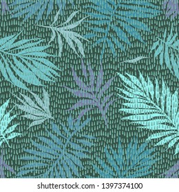 Botanical seamless pattern. Hand drawn fantasy exotic sprigs with weaving texture. Floral illustration made of herbal foliage leaves with short lines background. Good for textile, fabric, fashion.