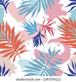 Botanical seamless pattern. Hand drawn fantasy exotic sprigs with abstract blots background. Floral illustration made of herbal foliage leaves . Good for textile, fabric, fashion.