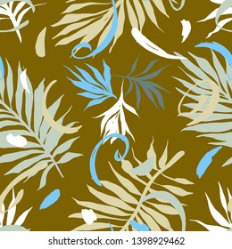 Botanical seamless pattern. Hand drawn fantasy exotic sprigs with abstract geometric elements. Floral background made of herbal foliage leaves . Good for textile, fabric, fashion.