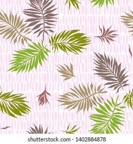 Botanical seamless pattern. Hand drawn fantasy exotic sprigs with weaving texture. Floral illustration made of herbal foliage leaves with short lines background. Good for textile, fabric, fashion.