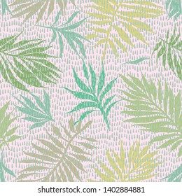 Botanical seamless pattern. Hand drawn fantasy exotic sprigs with weaving texture. Floral illustration made of herbal foliage leaves with short lines background. Good for textile, fabric, fashion.