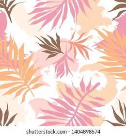 Botanical seamless pattern. Hand drawn fantasy exotic sprigs with abstract blots background. Floral illustration made of herbal foliage leaves . Good for textile, fabric, fashion.