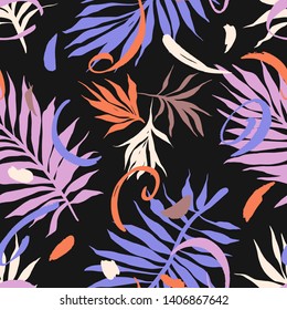 Botanical seamless pattern. Hand drawn fantasy exotic sprigs with abstract geometric elements. Floral background made of herbal foliage leaves . Good for textile, fabric, fashion.