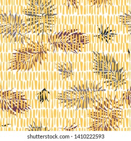 Botanical seamless pattern. Hand drawn fantasy exotic sprigs with weaving texture. Floral illustration made of herbal foliage leaves with short lines background. Good for textile, fabric, fashion.