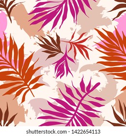 Botanical seamless pattern. Hand drawn fantasy exotic sprigs with abstract blots background. Floral illustration made of herbal foliage leaves . Good for textile, fabric, fashion.