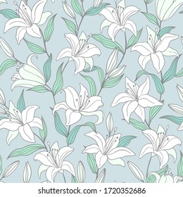 Botanisches, nahtloses Muster mit handgezeichneten Lilienblumen auf hellblauem Hintergrund. Für Modedrucke, Stoffe, Wallpaper und Cover