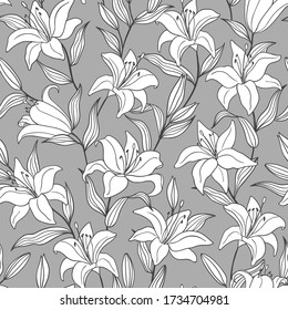 Botanical seamless pattern with  hand drawn outline lily flowers on a gray background. Monochromatic  colors. For fashion prints, fabrics, wallpapers and covers