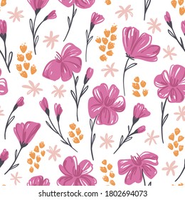 Botanical seamless pattern with hand drawn pink flowers on a white backgroond. For fashion prints, fabrics, wallpapers, textile and covers