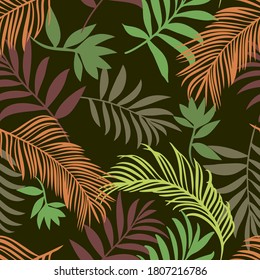 Botanical seamless pattern. Hand drawn fantasy exotic sprigs. Leaf ornament. Floral background made of herbal foliage leaves for fashion design, textile, fabric and wallpaper.