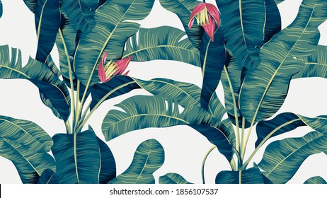 Botanical seamless pattern, hand drawn banana tree on bright grey