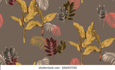 Botanical seamless pattern, hand drawn various plants in brown tone