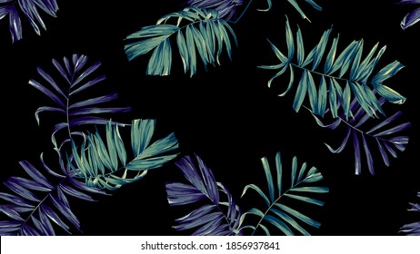 Botanical Seamless Pattern, Hand Drawn Indoor Bamboo Palm On Black