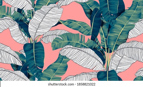 Botanical seamless pattern, hand drawn banana tree on bright red