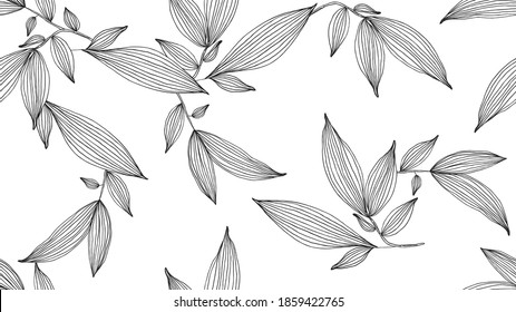 Botanical seamless pattern, hand drawn line art  leaves on white