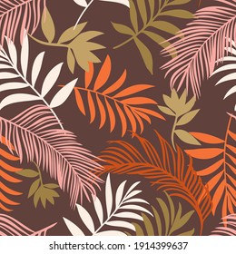 Botanical seamless pattern. Hand drawn fantasy exotic sprigs. Leaf ornament. Floral background made of herbal foliage leaves for fashion design, textile, fabric and wallpaper.