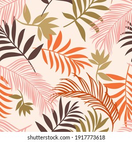 Botanical seamless pattern. Hand drawn fantasy exotic sprigs. Leaf ornament. Floral background made of herbal foliage leaves for fashion design, textile, fabric and wallpaper.