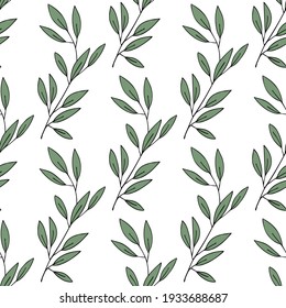 Patrón sin costuras botánicas. Ramas dibujadas a mano con hojas verdes. Fondo vectorial.