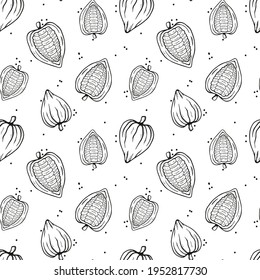 Botanical seamless pattern with hand drawn fruits and beans on a transparent background. Vector Cocoa beans illustration. Design packing for restaurant, shop, confectionery, culinary, cafe, cafeteria