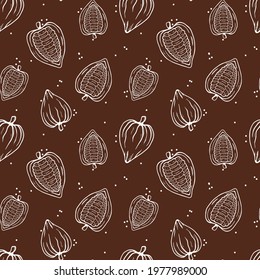 Botanical seamless pattern with hand drawn fruits and beans on a brown background. Vector Cocoa beans illustration. Design packing for restaurant, shop, confectionery, culinary, cafe, cafeteria, bar.