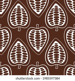 Botanical seamless pattern with hand drawn fruits and beans on a white background. Vector Cocoa beans illustration. Design packing for restaurant, shop, confectionery, culinary, cafe, cafeteria, bar.