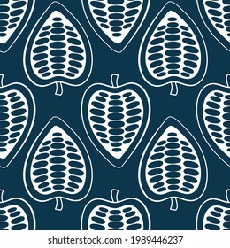 Botanical seamless pattern with hand drawn fruits and beans on a white background. Vector Cocoa beans illustration. Design packing for restaurant, shop, confectionery, culinary, cafe, cafeteria, bar.