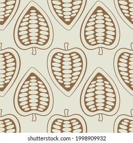 Botanical seamless pattern with hand drawn fruits and beans on a white background. Vector Cocoa beans illustration. Design packing for restaurant, shop, confectionery, culinary, cafe, cafeteria, bar.