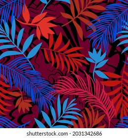 Botanical seamless pattern. Hand drawn fantasy exotic sprigs. Leaf ornament. Floral background made of herbal foliage leaves for fashion design, textile, fabric and wallpaper.