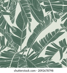 Botanical seamless pattern, hand drawn line art banana leaves.  Printable vintage green wallpaper or textile illustration.