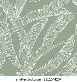 Botanical seamless pattern, hand drawn line art banana leaves on green. Printable wallpaper or textile illustration.