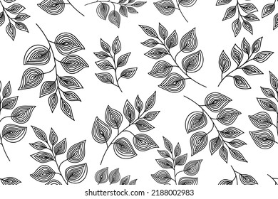 Botanical seamless pattern, hand drawn line art leaves vector on white background