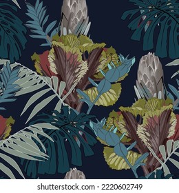 Botanical seamless pattern, hand drawn various plants in a blue, brown tone. Foliage seamless pattern, various plant and tree in brown.