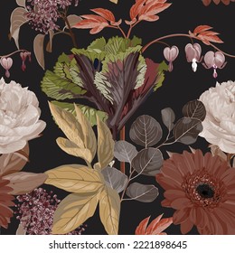 Botanical seamless pattern, hand drawn various plants and flowers in brown tone. Foliage seamless pattern, various plant and tree in brown.