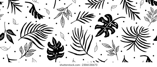 Botanisches, nahtloses Muster, handgezeichnete tropische Blätter auf weißem Hintergrund. Exotische Blätter nahtloses Muster. Perfekt für Textilien, Gewebe, Hintergrund, Druck