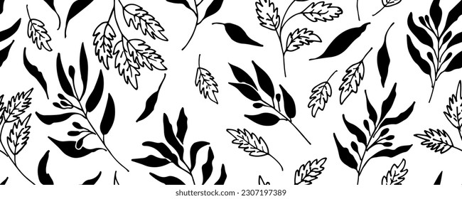 Botanical seamless pattern, hand drawn line beautiful leaves on white background. Exotic leaves seamless pattern. Perfect for textile, fabric, background, print