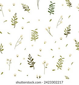 Botanical seamless pattern hand drawn. White background with delicate flowers and leaves. Minimalist style. Blooming cotton. Vector illustration.