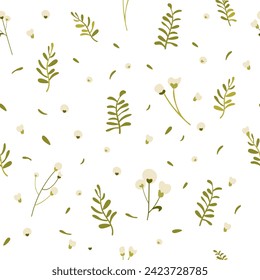 Botanical seamless pattern hand drawn. White background with delicate flowers and leaves. Minimalist style. Blooming cotton. Vector illustration.