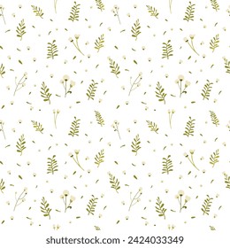 Botanical seamless pattern hand drawn. White background with delicate flowers and leaves. Minimalist style. Blooming cotton. Vector illustration.
