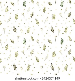 Botanical seamless pattern hand drawn. White background with delicate flowers and leaves. Minimalist style. Blooming cotton. Vector illustration.