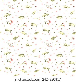 Botanical seamless pattern hand drawn. White background with delicate flowers and leaves. Minimalist style. Blooming cotton. Vector illustration.