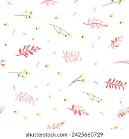 Botanical seamless pattern hand drawn. White background with delicate flowers and leaves. Minimalist style. Vector illustration.