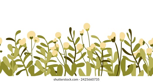 Botanical seamless pattern hand drawn. White background with plant border. Minimalist style. Vector illustration.